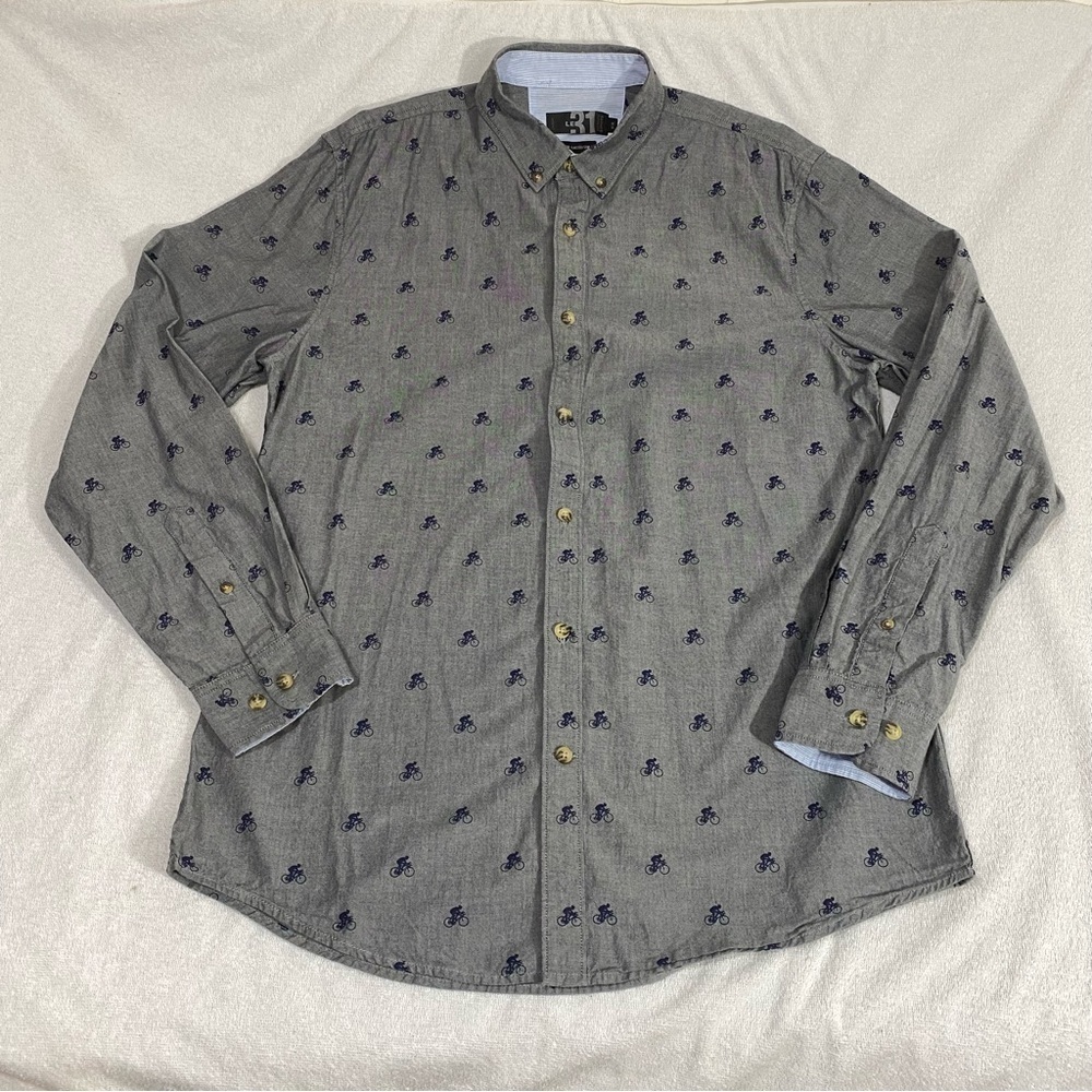 Le 31 Simons Bicycle Grey Button Down Long Sleeved Shirt Semi Fit Size Medium